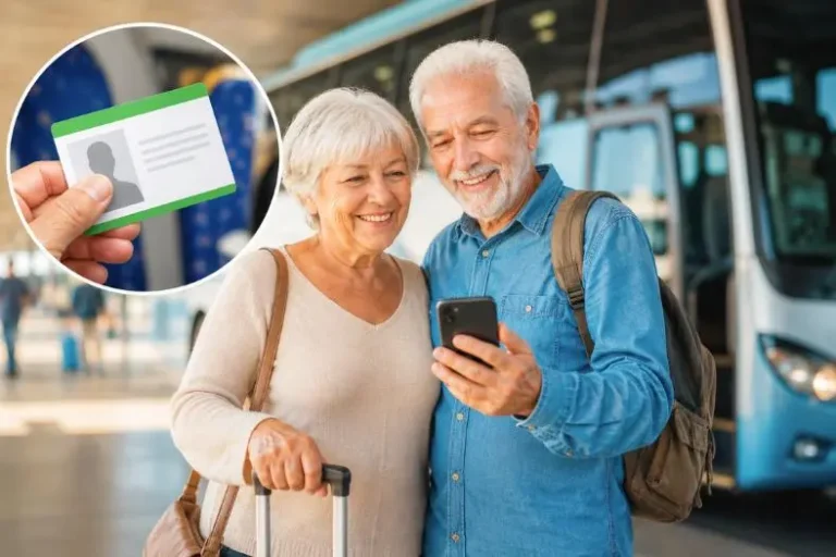 Carteira do Idoso para viagens com casal em terminal de ônibus segurando bagagem e documento de identificação