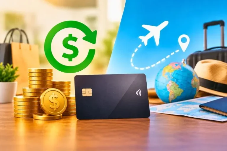 Cartão de crédito com cashback ou milhas, representando economia e viagens