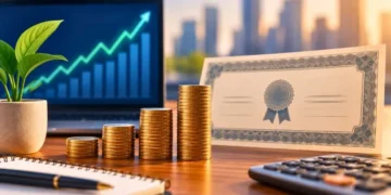 Debêntures com moedas, certificado financeiro e gráfico de rentabilidade