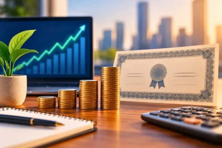Debêntures com moedas, certificado financeiro e gráfico de rentabilidade