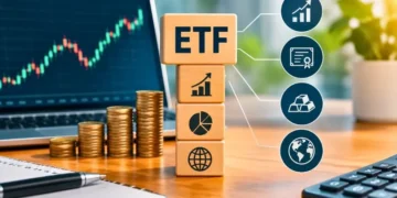 Como funciona, com gráfico de investimentos, moedas e elementos que representam diversificação