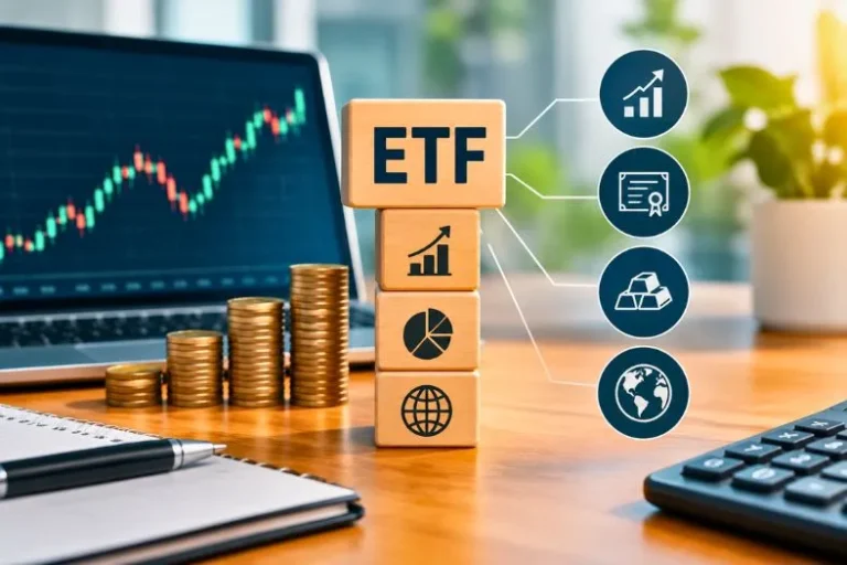 Como funciona, com gráfico de investimentos, moedas e elementos que representam diversificação