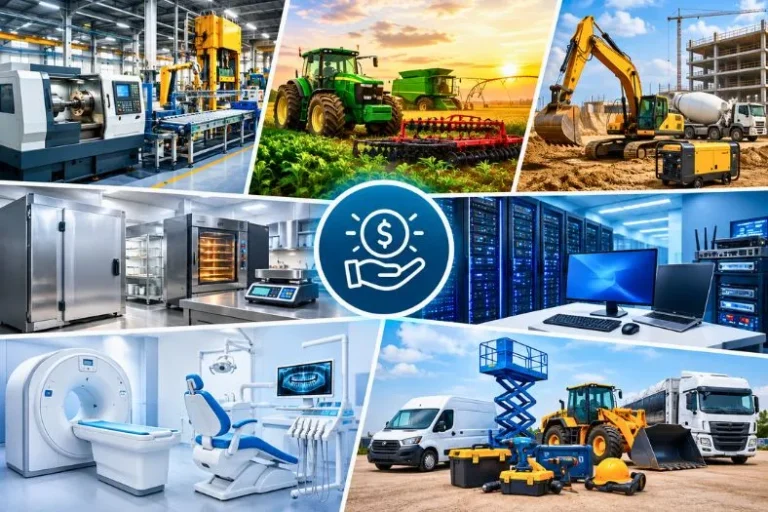 Equipamentos para financiamento, incluindo máquinas industriais, agrícolas, construção, tecnologia e equipamentos médicos