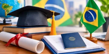 Diploma estrangeiro, documentos acadêmicos e bandeira do Brasil ilustrando a revalidação de diploma estrangeiro no Brasil