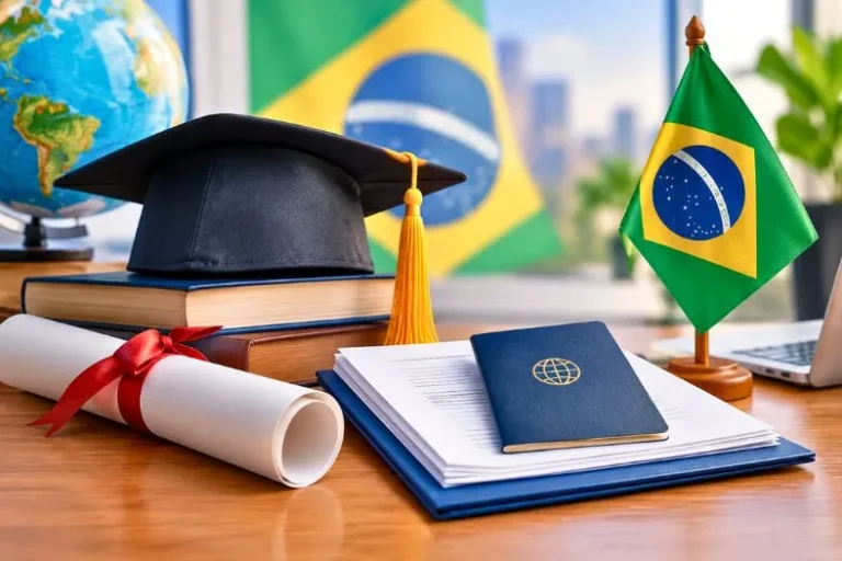 Diploma estrangeiro, documentos acadêmicos e bandeira do Brasil ilustrando a revalidação de diploma estrangeiro no Brasil